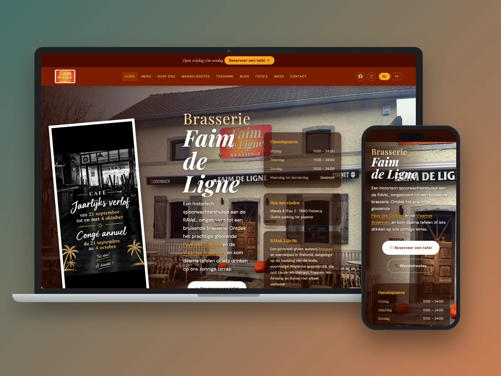 Website van Brasserie Faim de Ligne op laptop en gsm